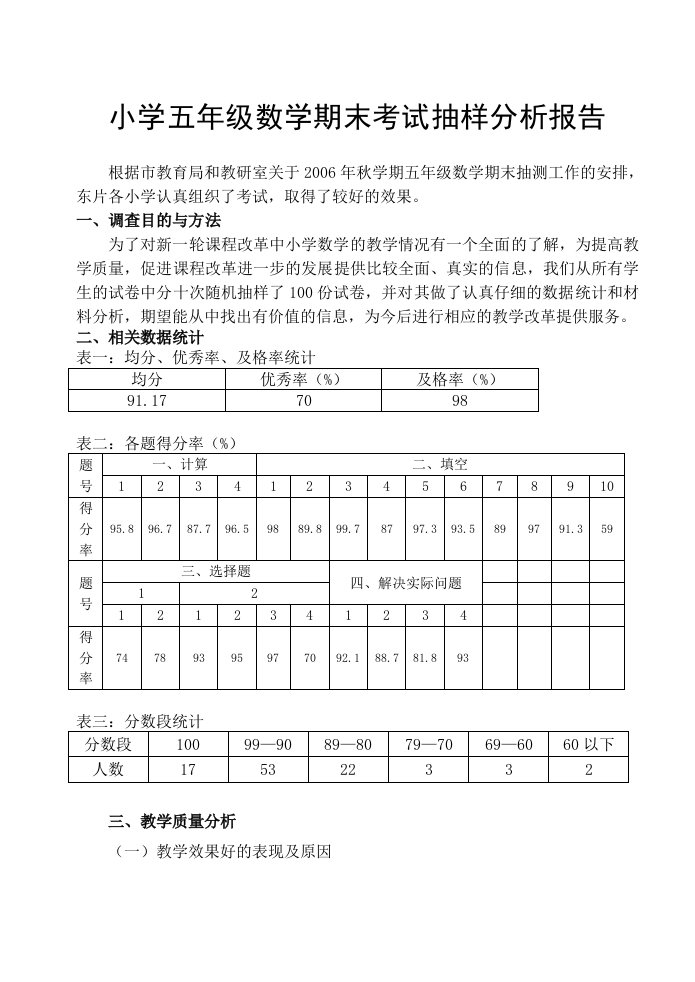 小学五年级数学期末考试抽样分析报告