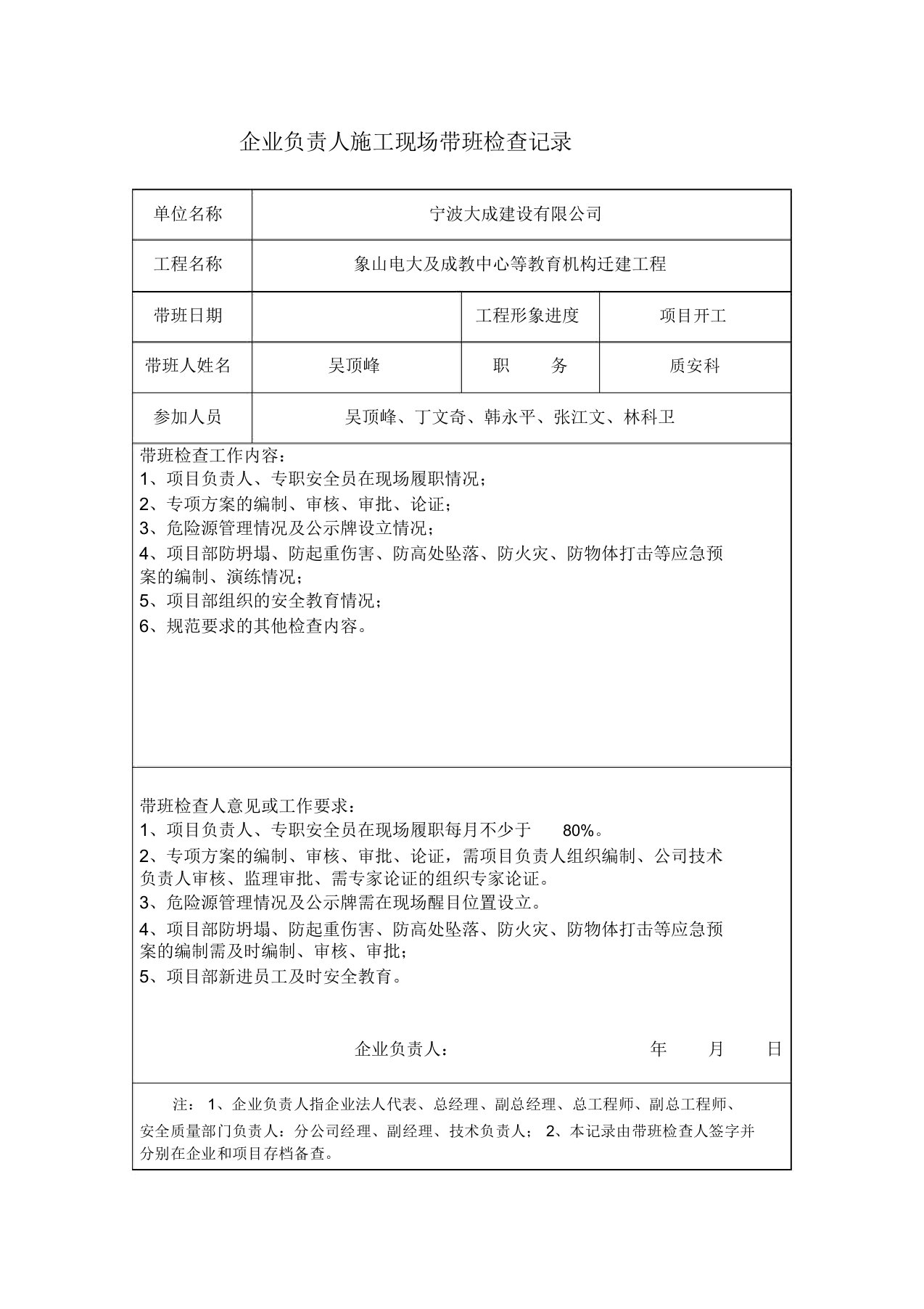 企业负责人施工现场带班检查记录(2)