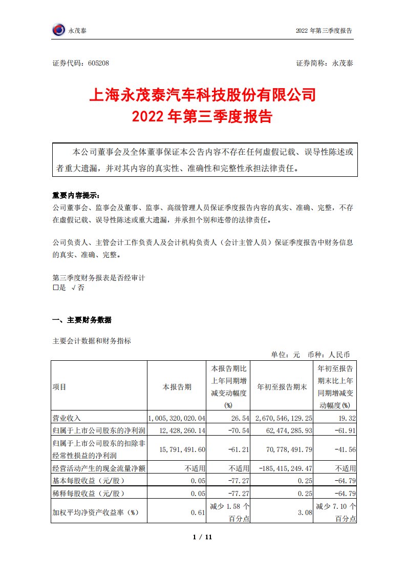 上交所-永茂泰2022年第三季度报告-20221027