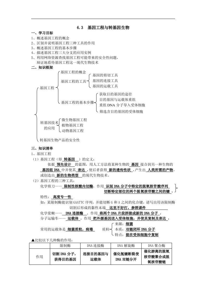 沪科版生命科学高二上6-3《基因工程与转基因生物》学案答案