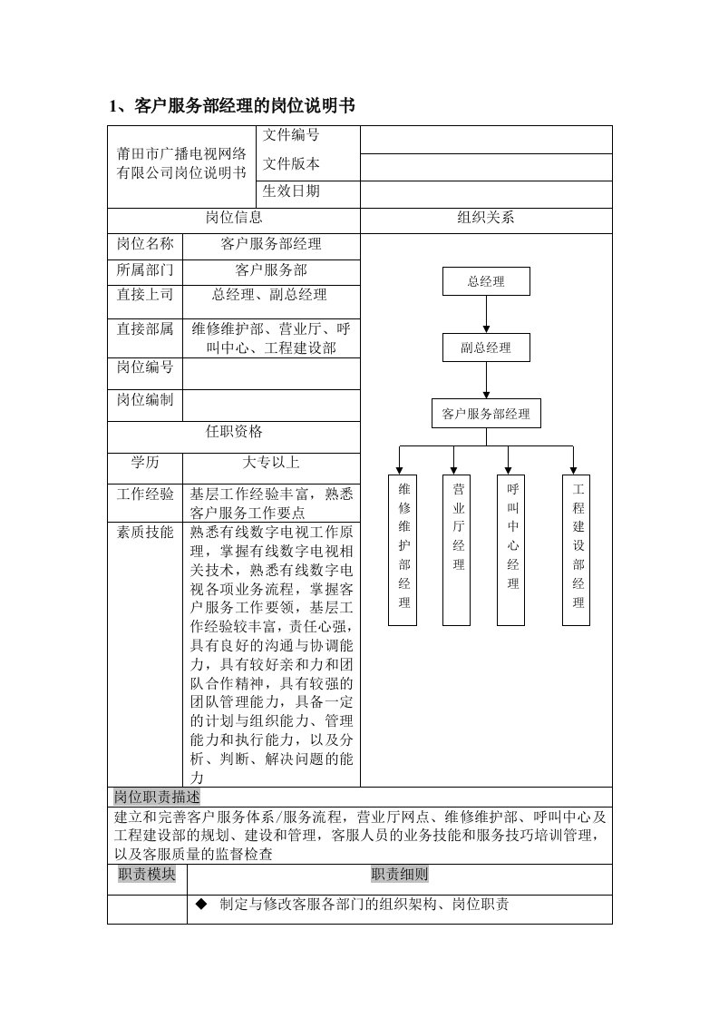 客户服务部经理岗位说明书