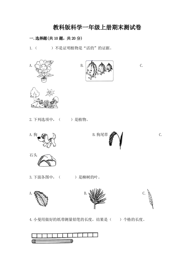 教科版科学一年级上册期末测试卷附完整答案（夺冠系列）