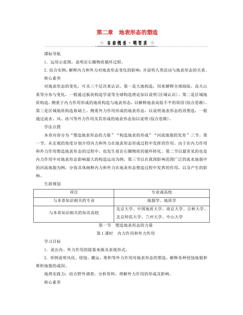 新教材适用2023_2024学年高中地理第2章地表形态的塑造第1节塑造地表形态的力量第1课时内力作用和外力作用学案新人教版选择性必修1