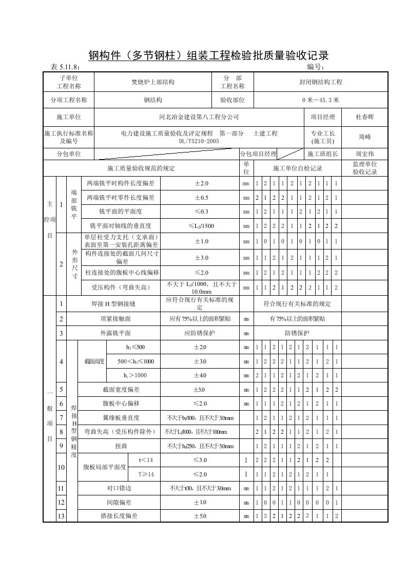 钢构件多节钢柱组装工程检验批质量验收记录