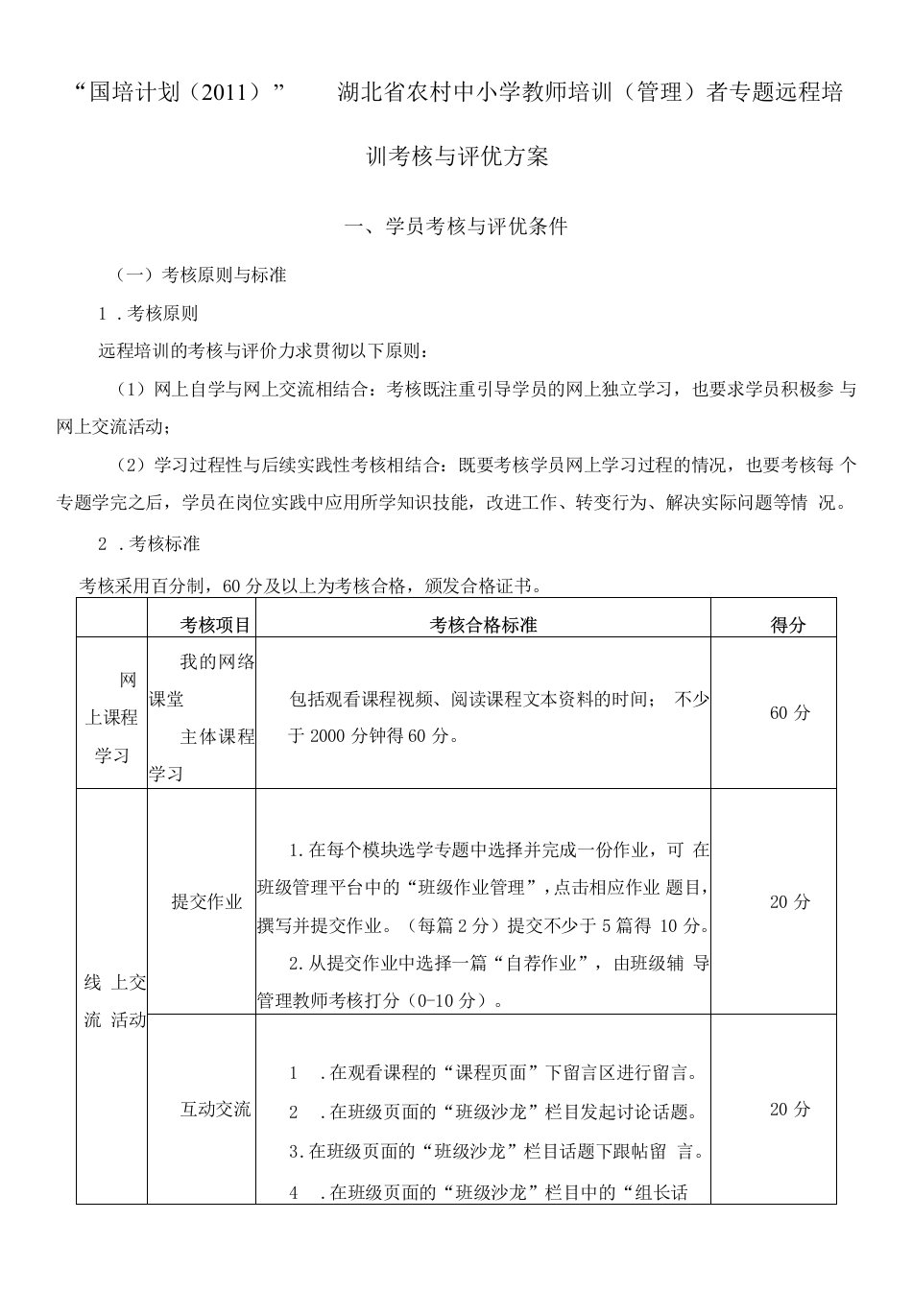 国培计划考核方案