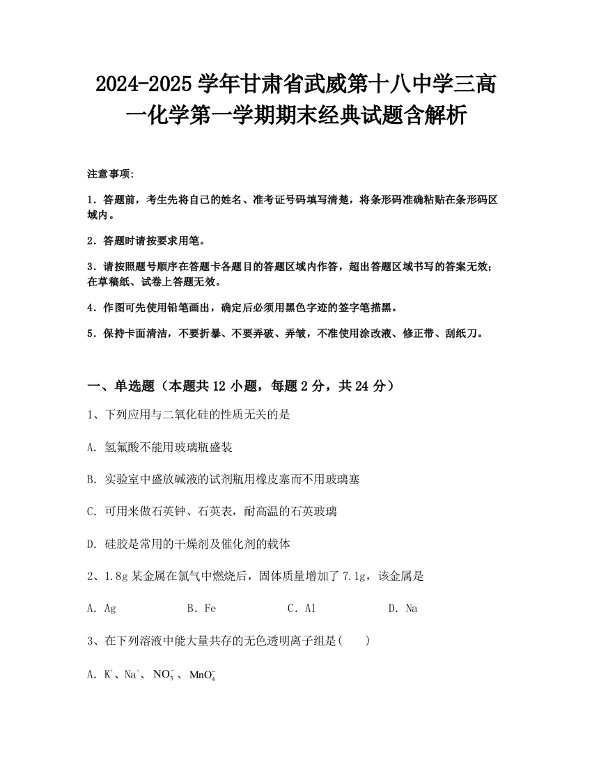 2024-2025学年甘肃省武威第十八中学三高一化学第一学期期末经典试题含解析