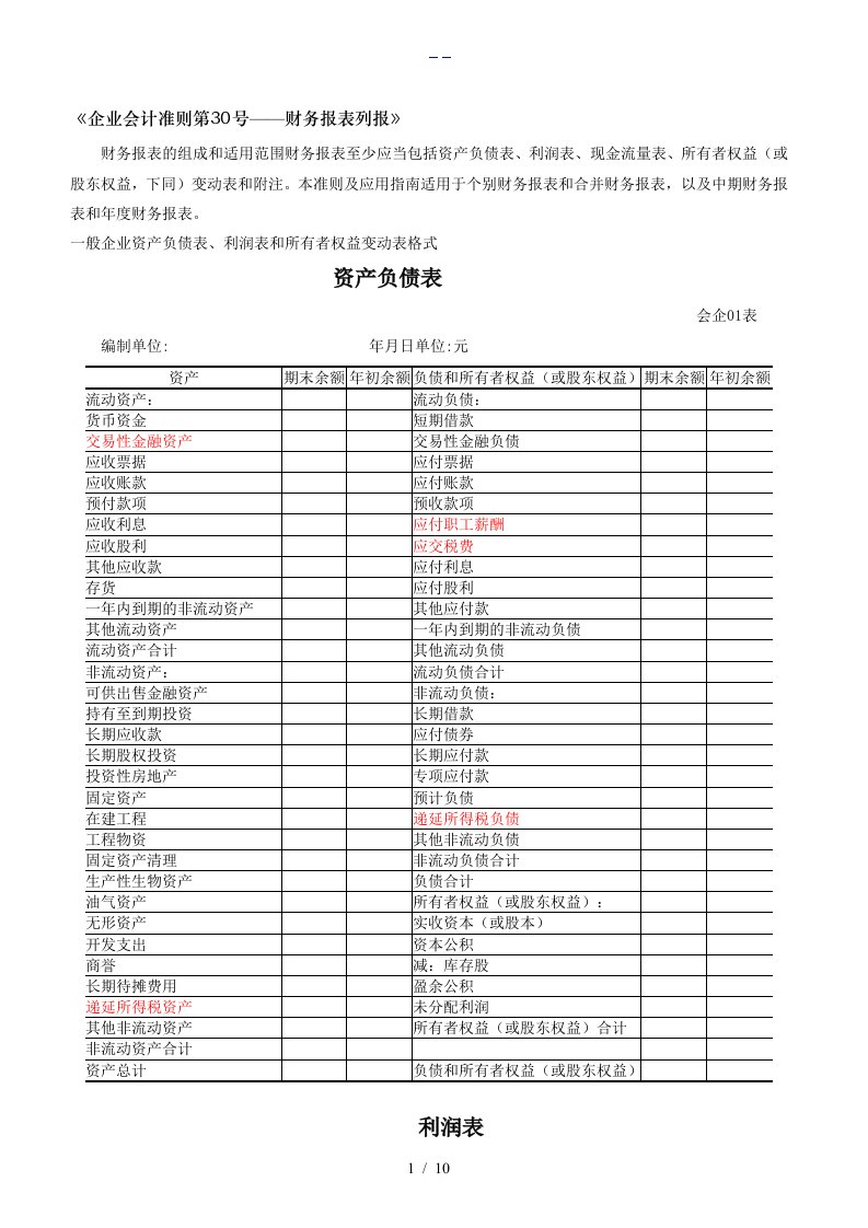 财务报表标准格式完整版