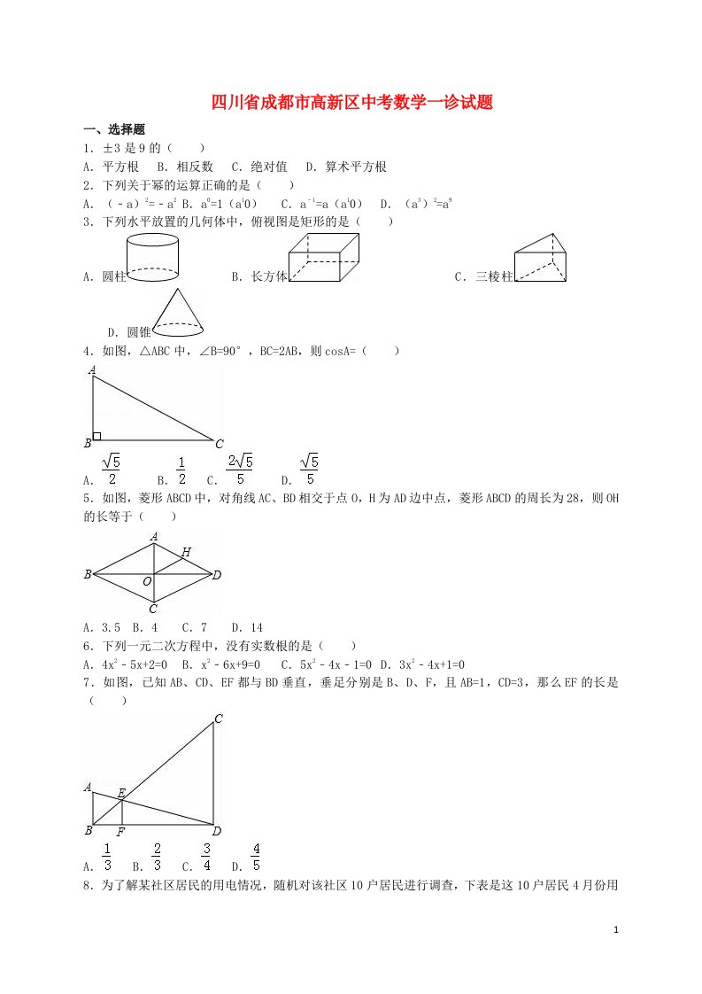 四川省成都市高新区中考数学一诊试题（含解析）