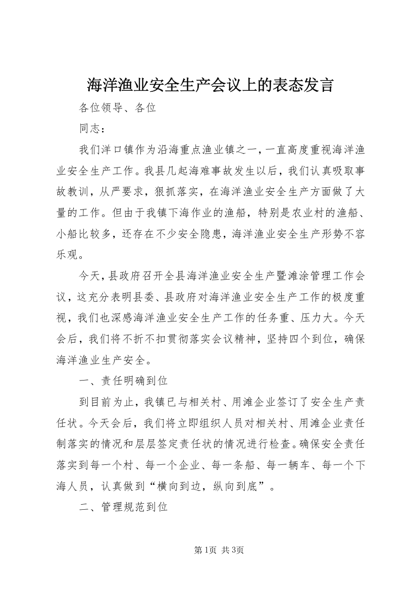 海洋渔业安全生产会议上的表态发言