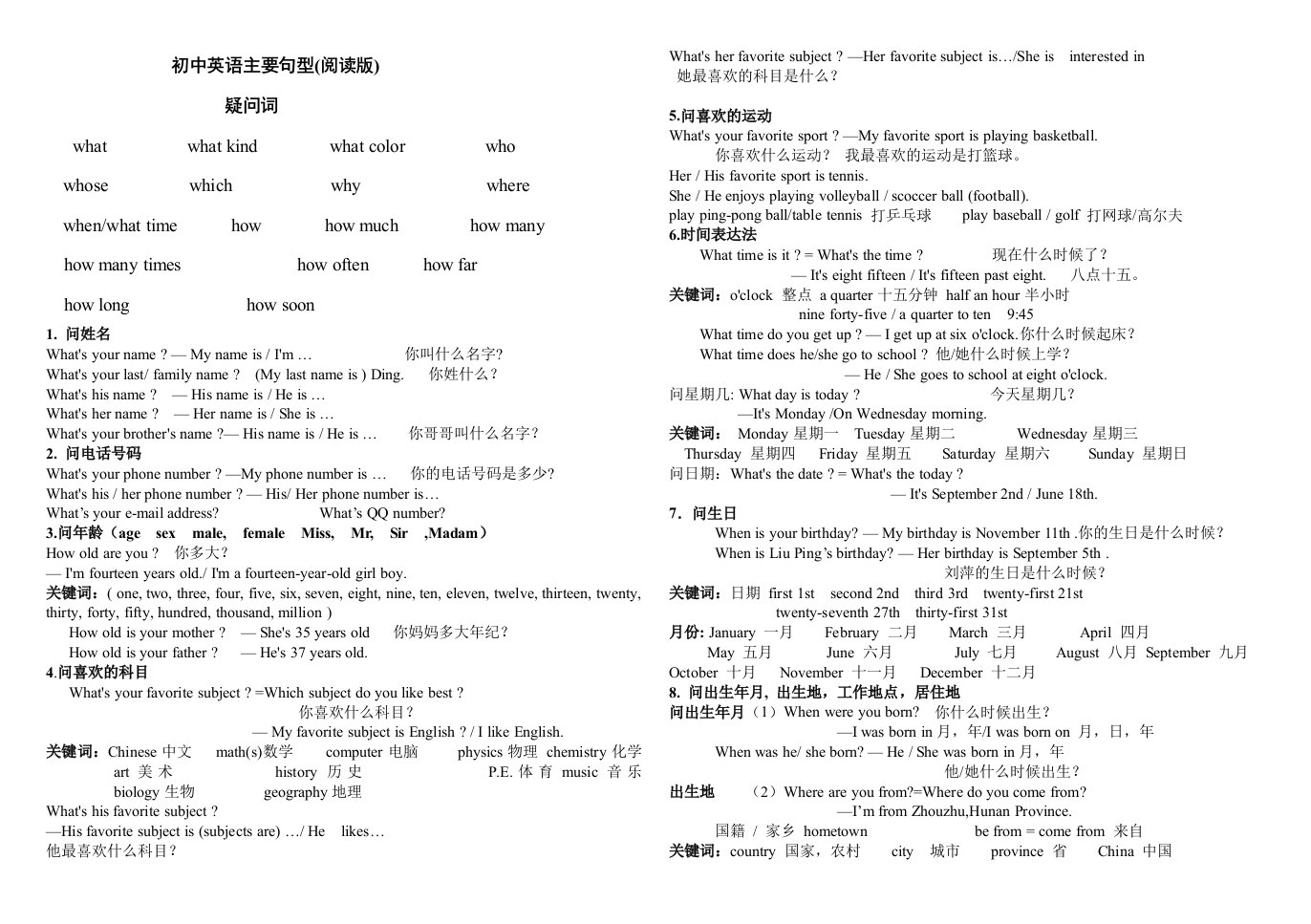 初中英语句型和交际用语