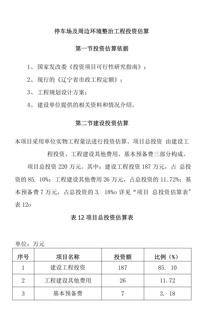 停车场及周边环境整治工程投资估算