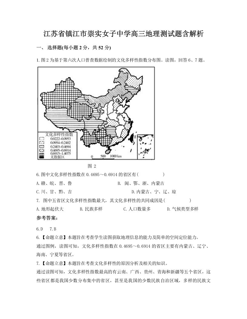 江苏省镇江市崇实女子中学高三地理测试题含解析