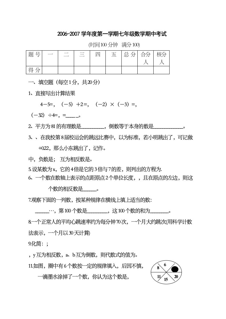 七年级数学上册测试题及答案全套人教版新课标6