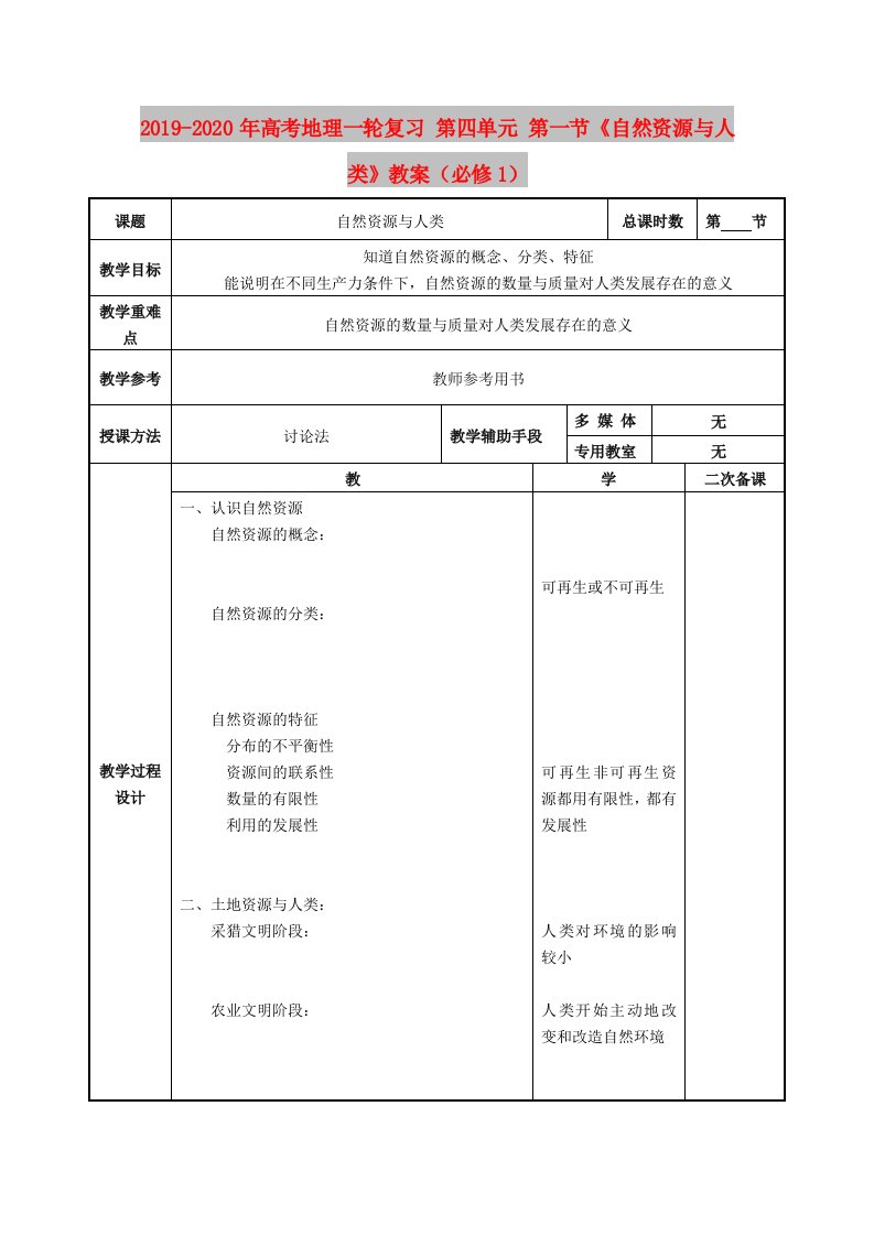 2019-2020年高考地理一轮复习