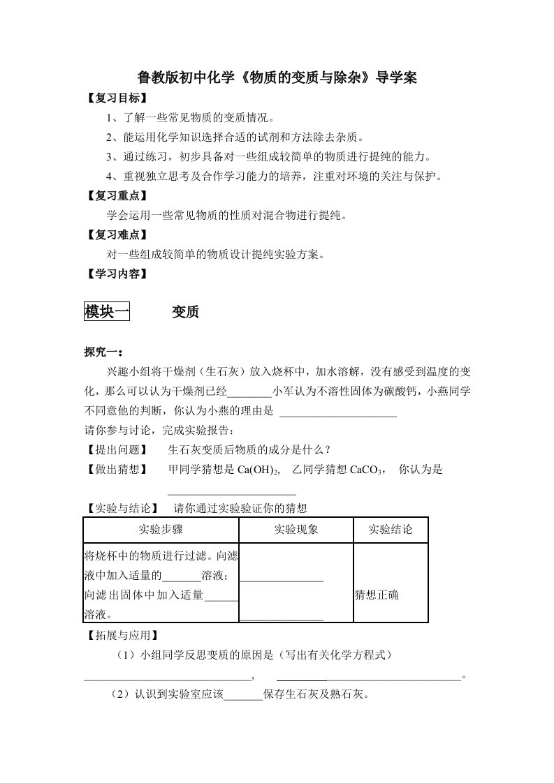 初中化学《物质的变质与除杂》导学案