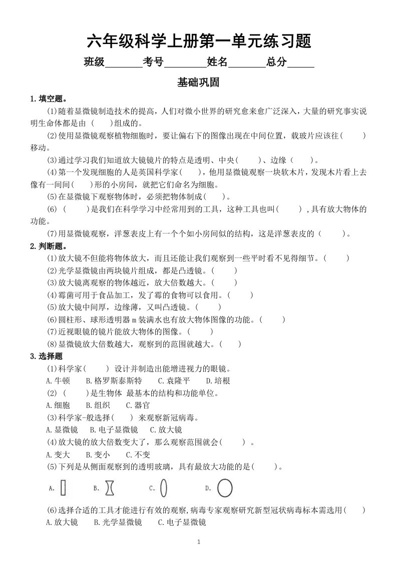 小学科学教科版六年级上册第一单元《微小世界》练习题（2021新版）（附参考答案)