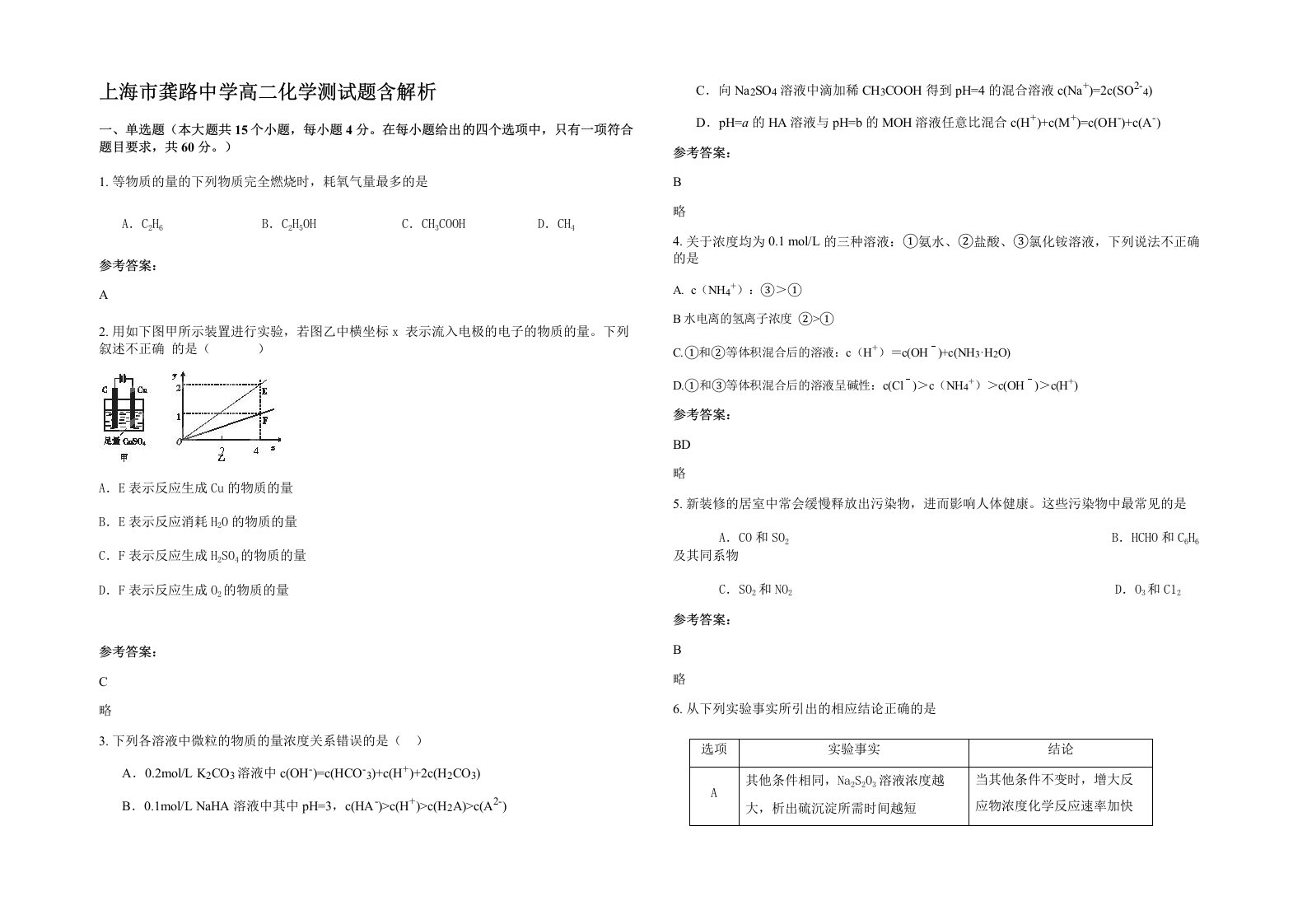 上海市龚路中学高二化学测试题含解析