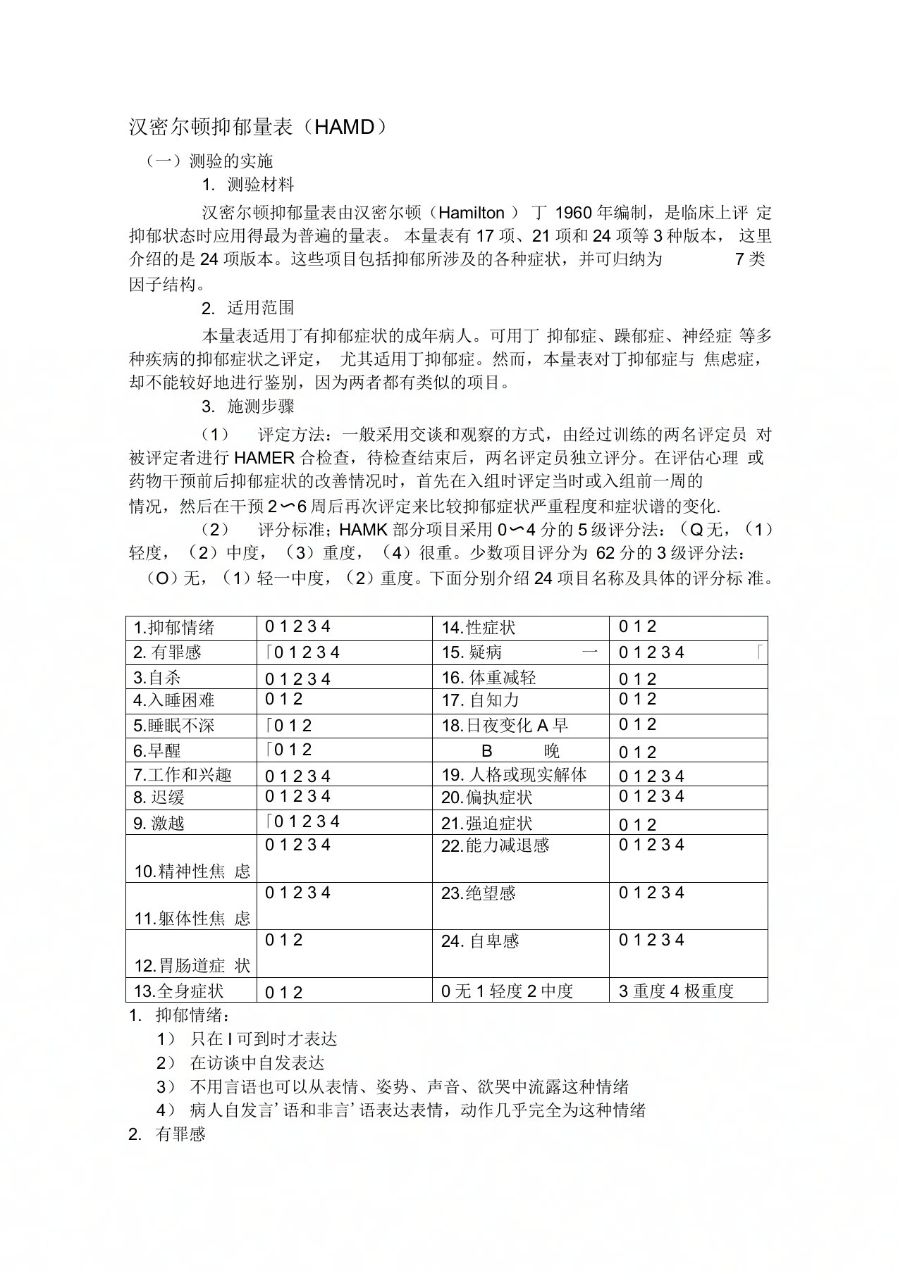 最新汉密尔顿抑郁量表(HAMD)汇编