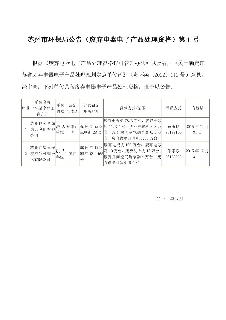 最新苏州市环保局公告（废弃电器电子产品处理资格）第1号