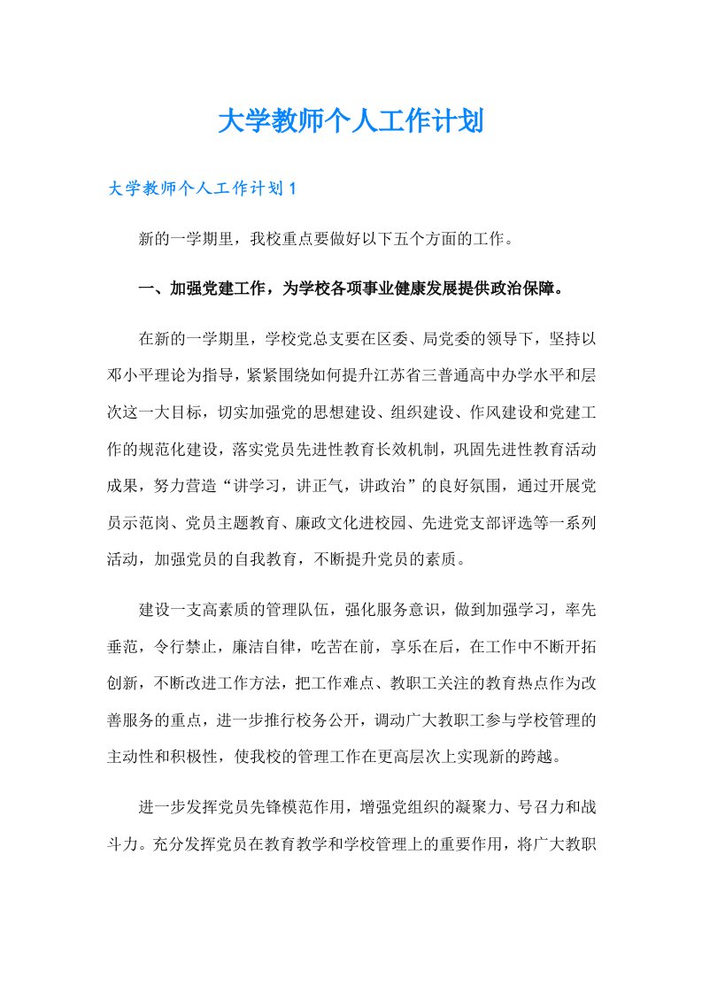 大学教师个人工作计划