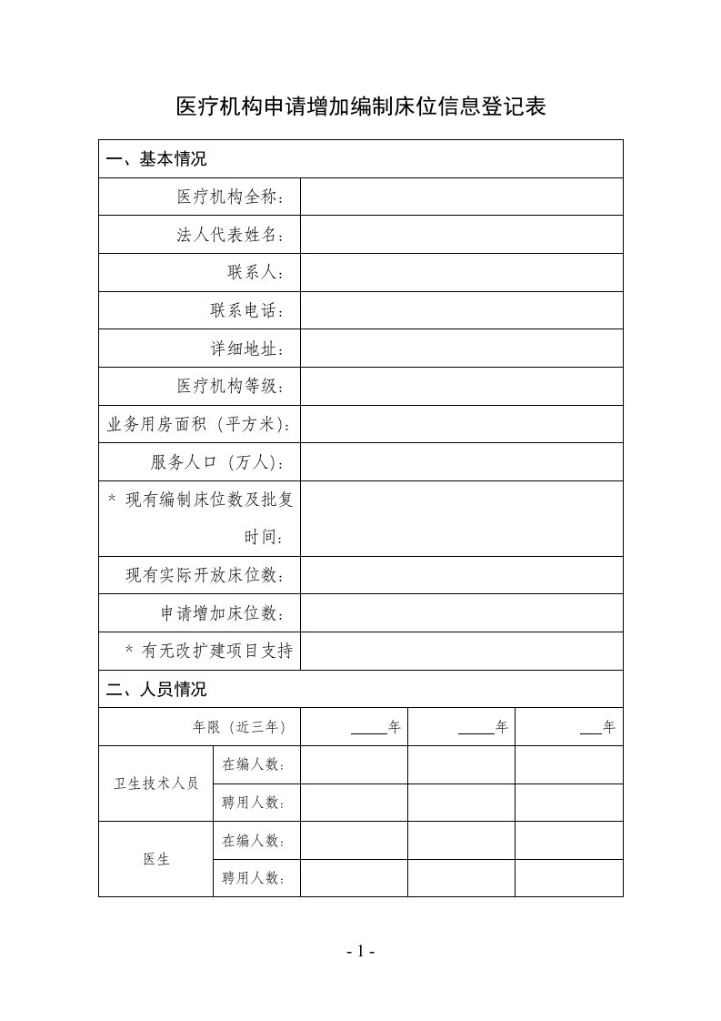 医疗机构增加编制床位申请登记表