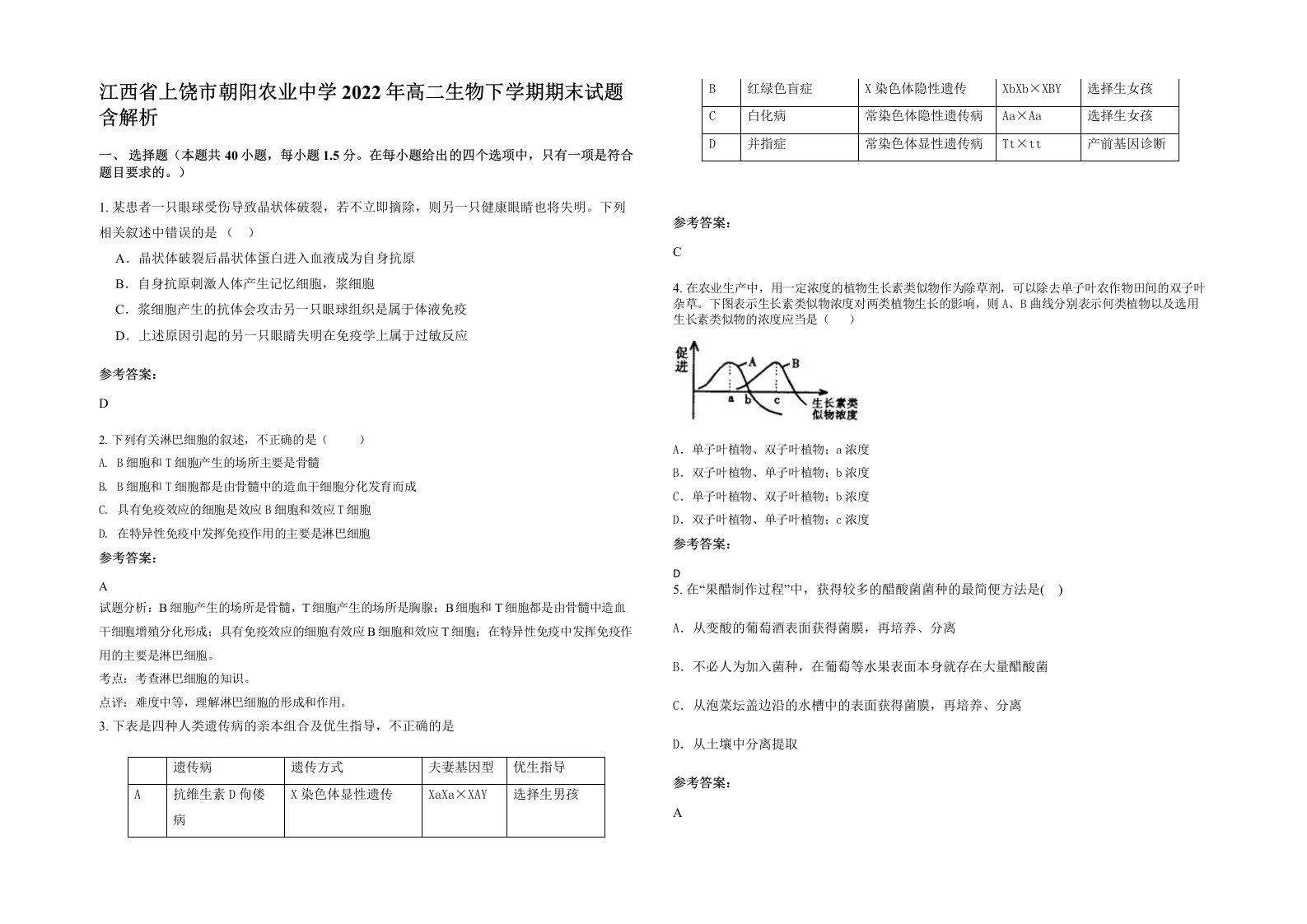 江西省上饶市朝阳农业中学2022年高二生物下学期期末试题含解析