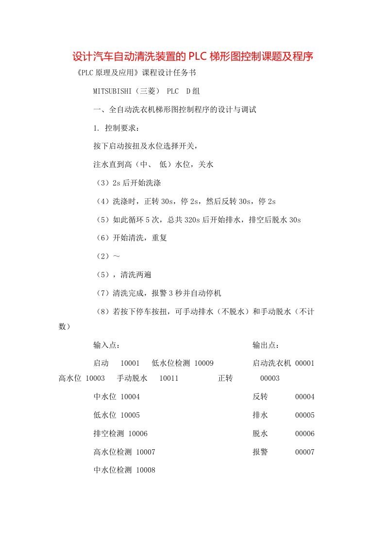 精选设计汽车自动清洗装置的PLC梯形图控制课题及程序