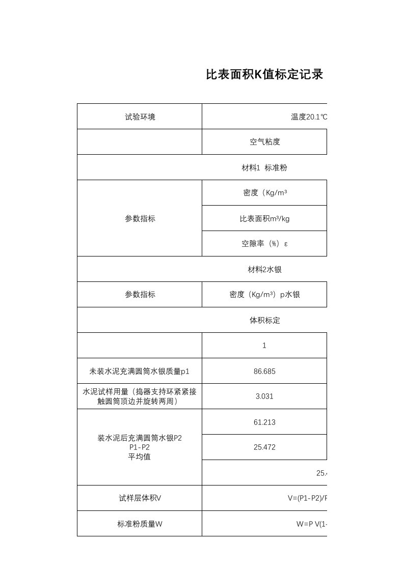 比表面积K值标定记录