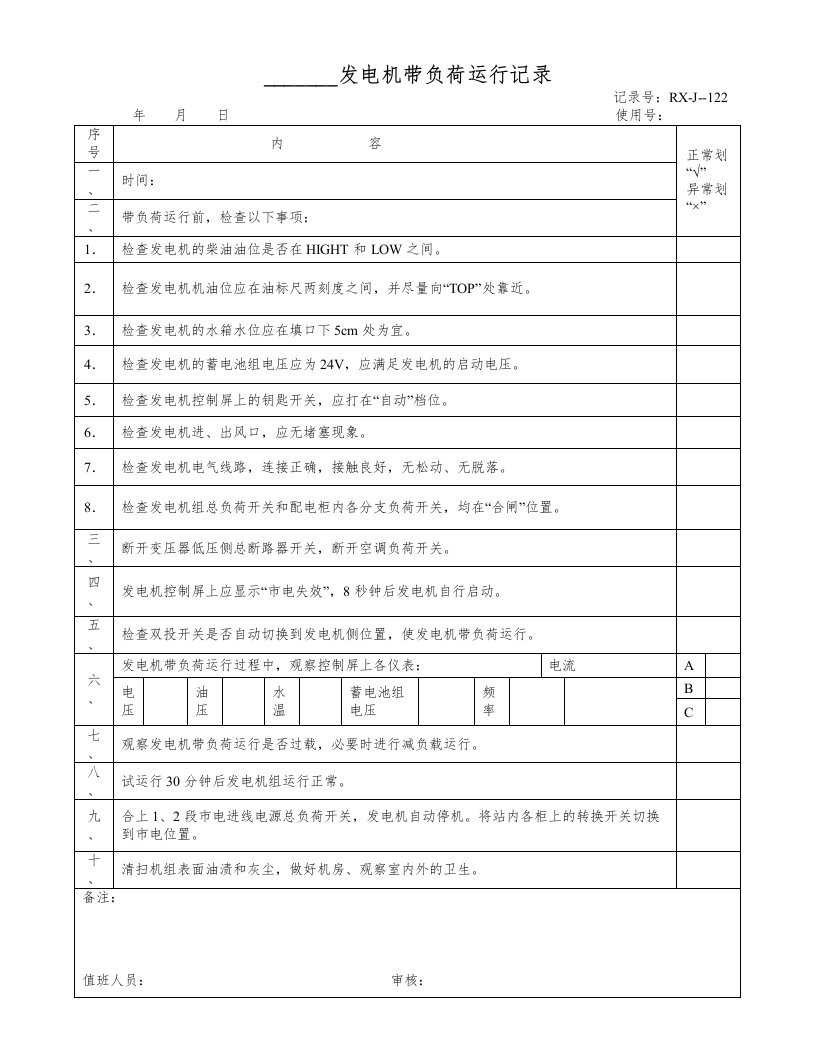 发电机带负荷运行记录