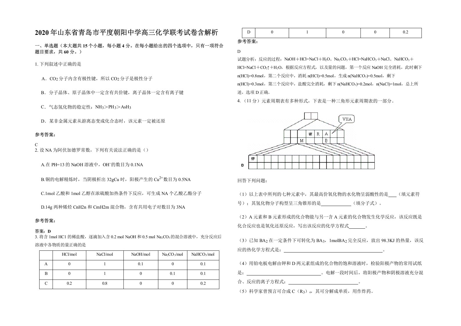 2020年山东省青岛市平度朝阳中学高三化学联考试卷含解析