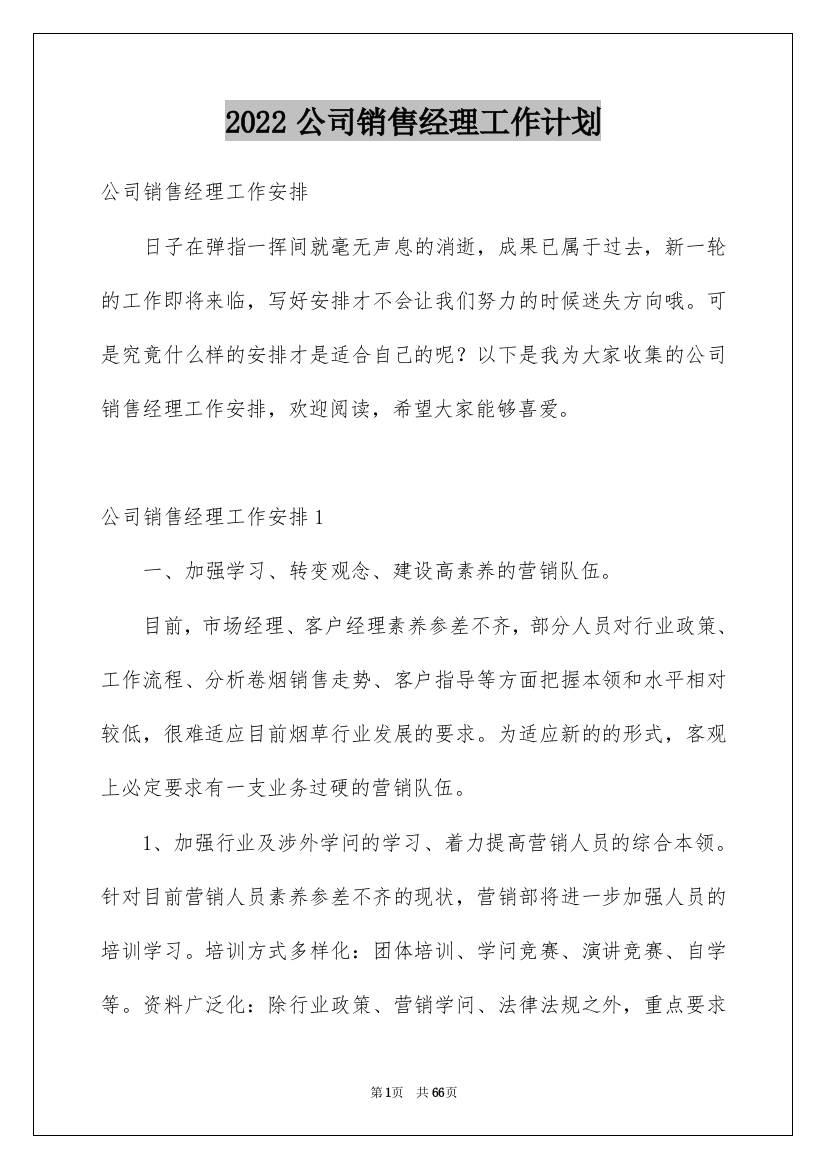 2022公司销售经理工作计划_2