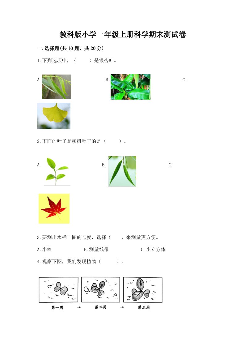 教科版小学一年级上册科学期末测试卷附答案（综合题）