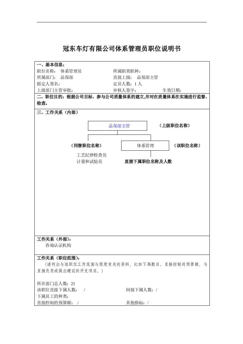 冠东车灯有限公司体系管理员职位说明书