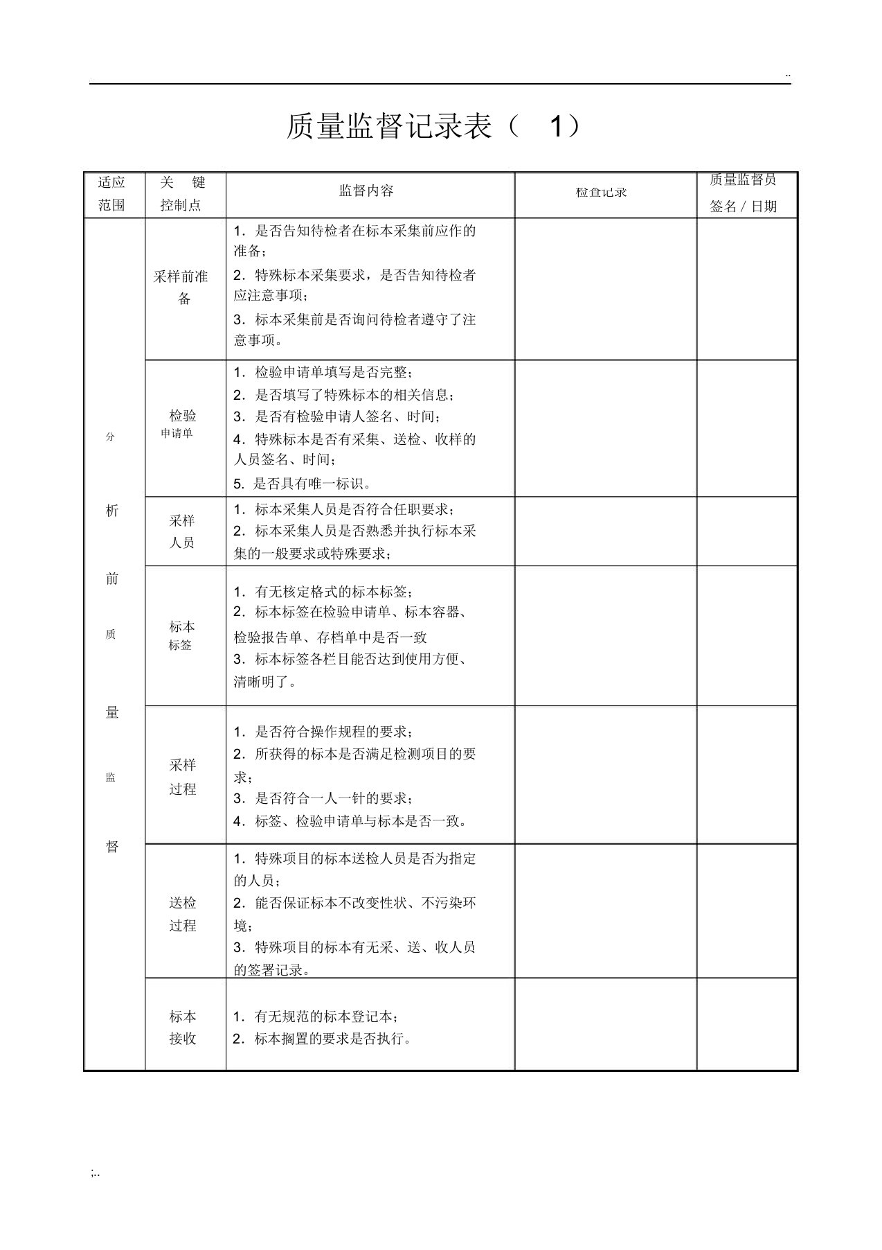 检验科质量监督记录表