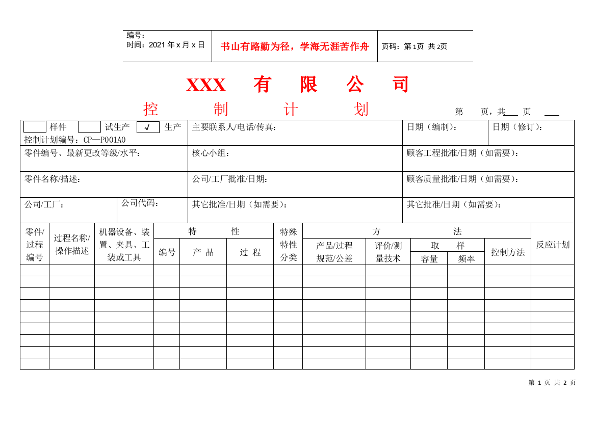 APQP控制计划表