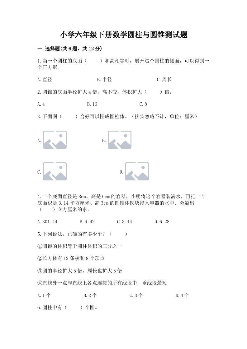 小学六年级下册数学圆柱与圆锥测试题及参考答案【典型题】