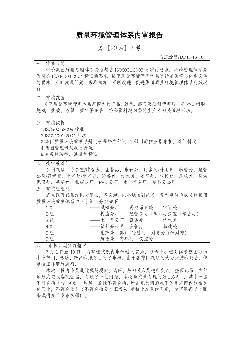 质量环境管理体系内审报告