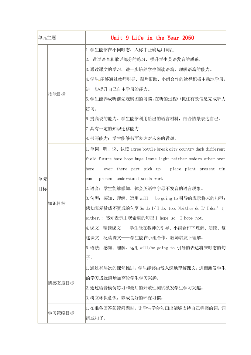 六年级英语下册Unit9TheYear2050教案北师大版三起