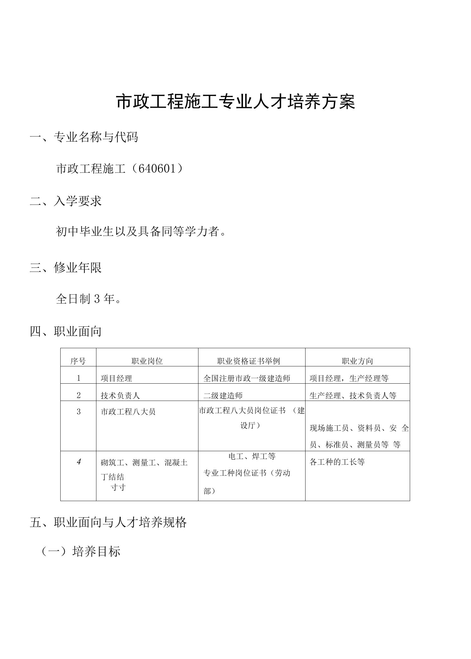 市政工程施工专业人才培养方案（中职）