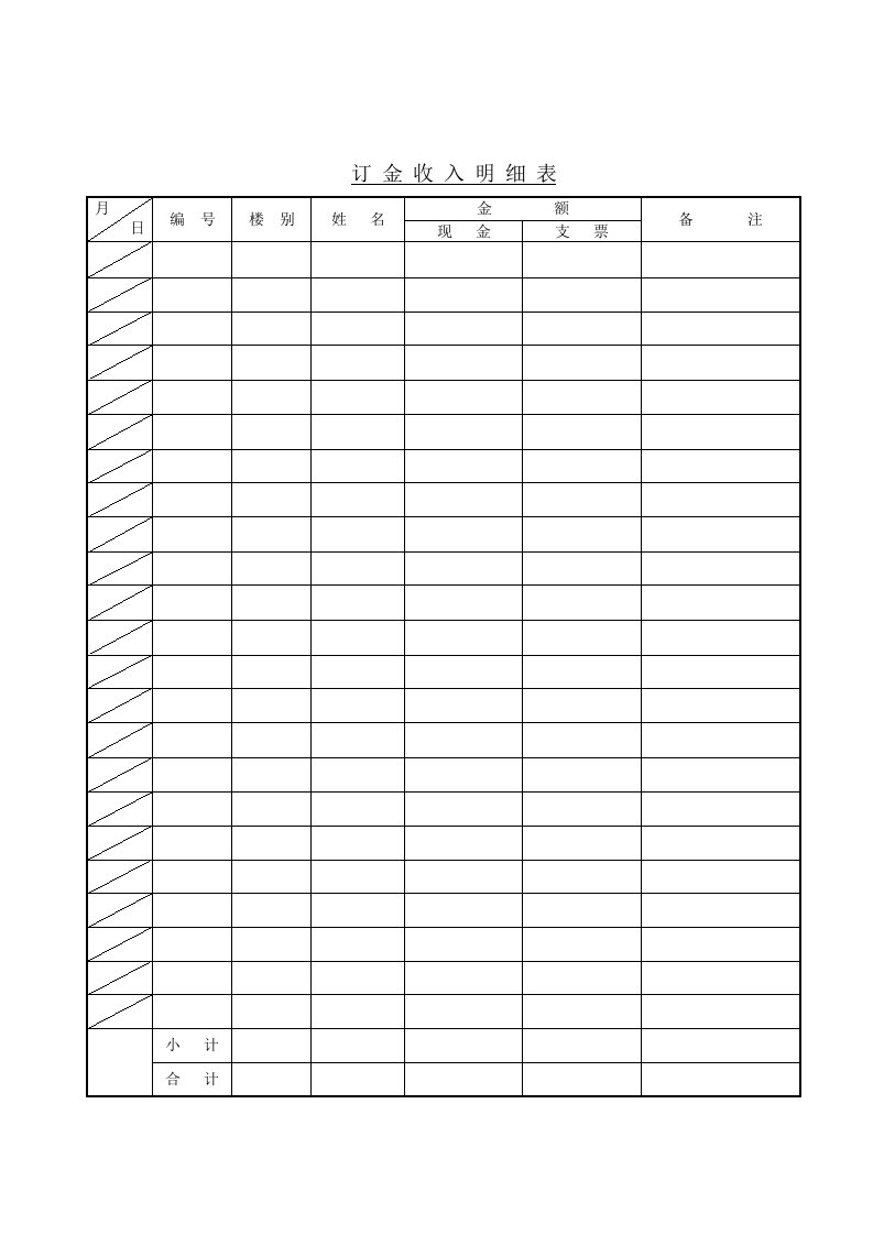 订金收入明细记录表
