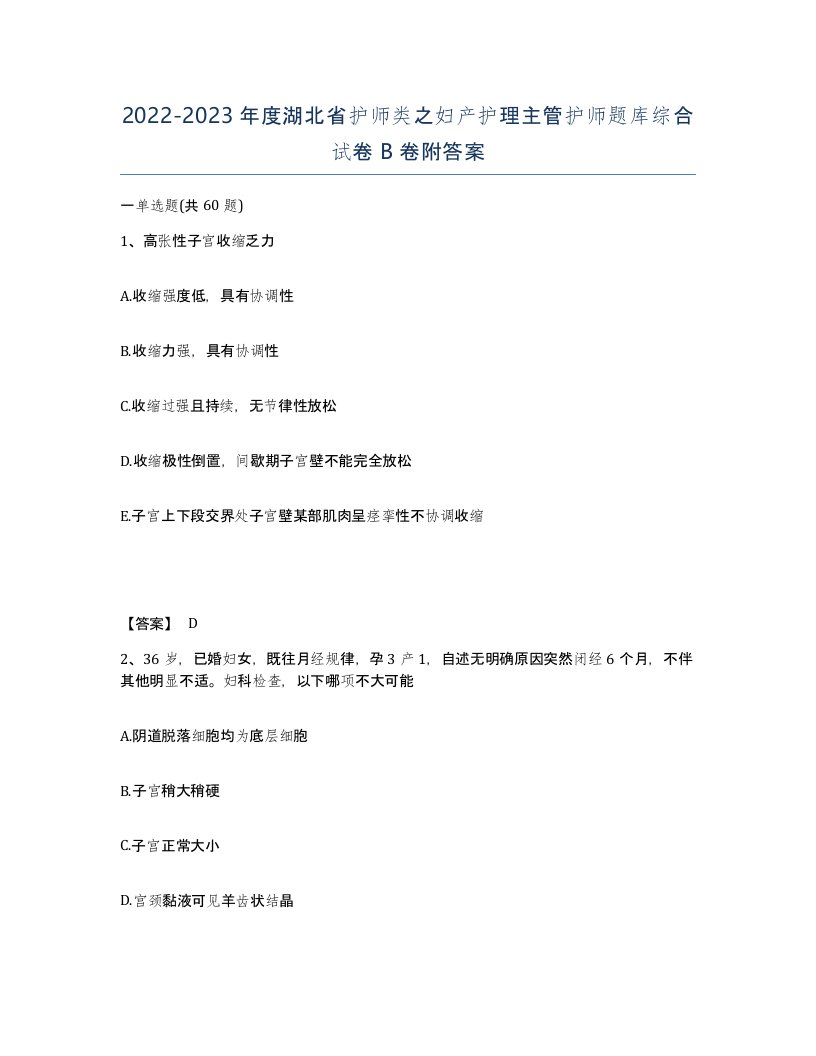 2022-2023年度湖北省护师类之妇产护理主管护师题库综合试卷B卷附答案