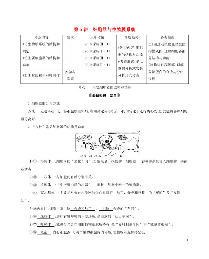 2022版高考生物总复习第2单元细胞的基本结构和物质的运输第5讲细胞器与生物膜系统教案新人教版