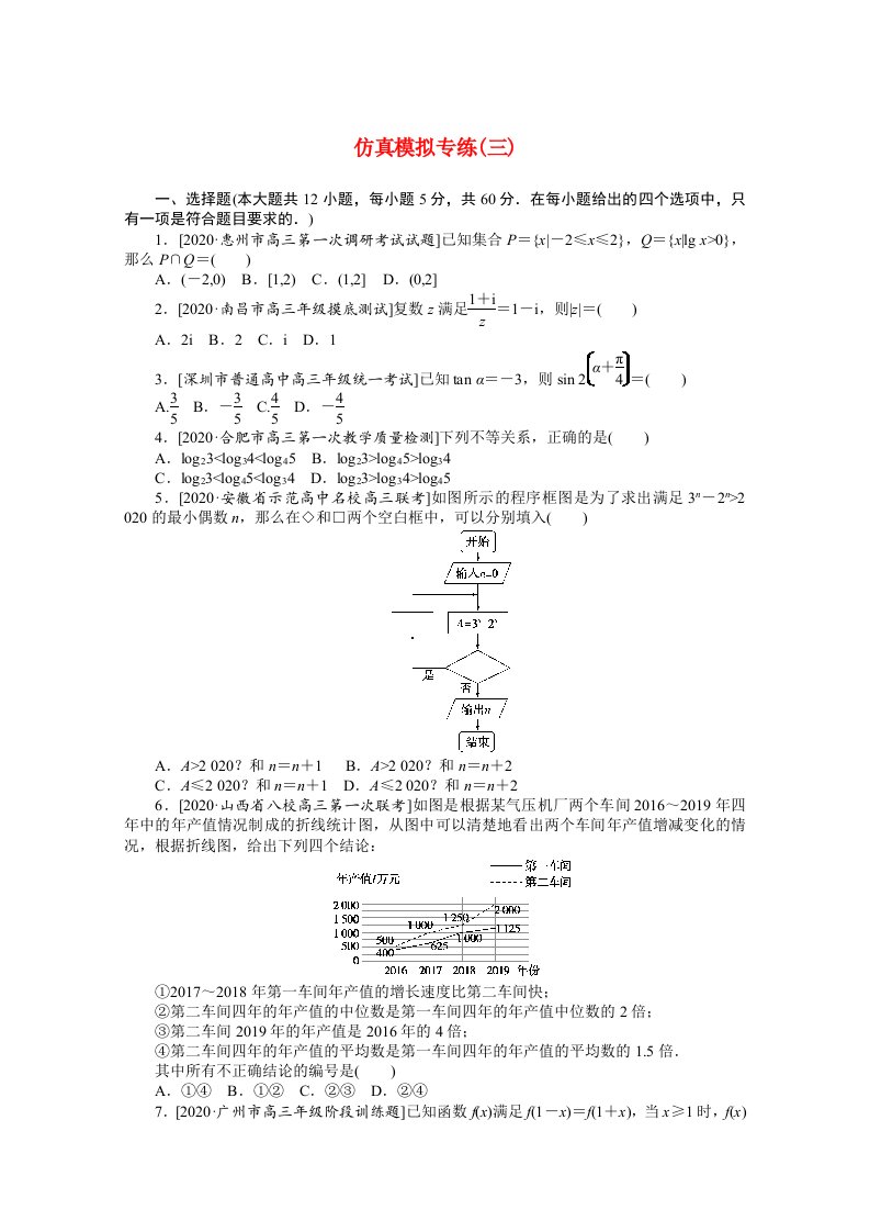 统考版2021届高考数学二轮专题闯关导练五仿真模拟专练三文含解析