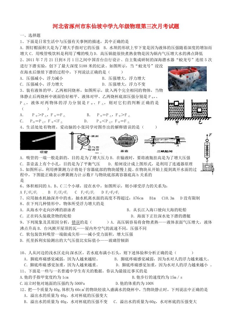 河北省涿州市东仙坡中学九级物理第三次月考试题（无答案）