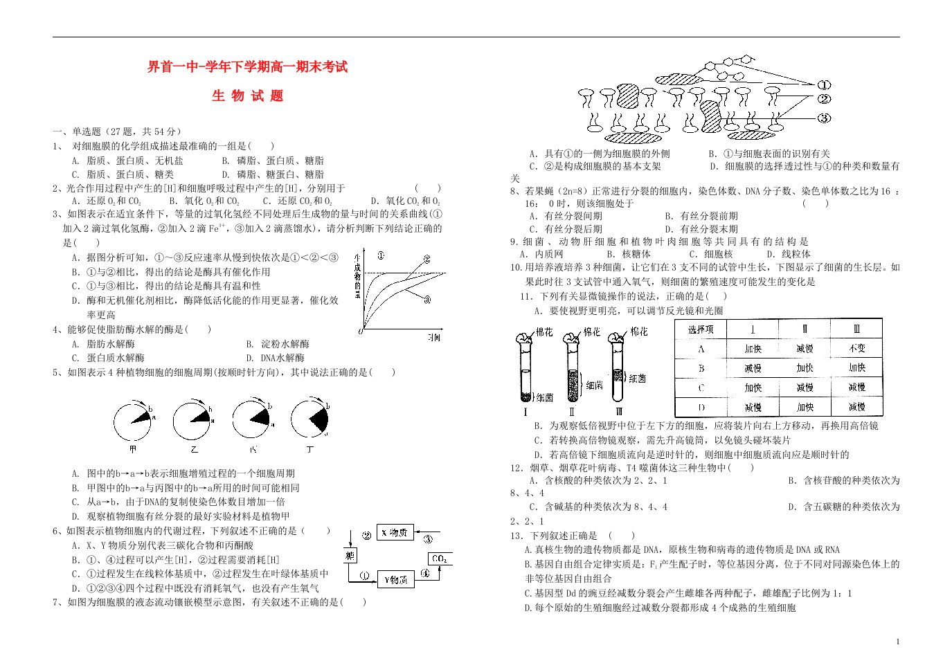 安徽省界首县高一生物下学期期末考试试题新人教版