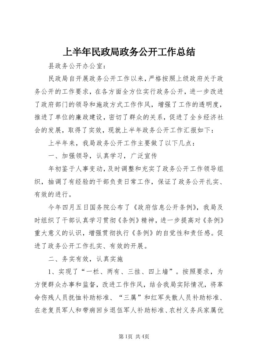 上半年民政局政务公开工作总结