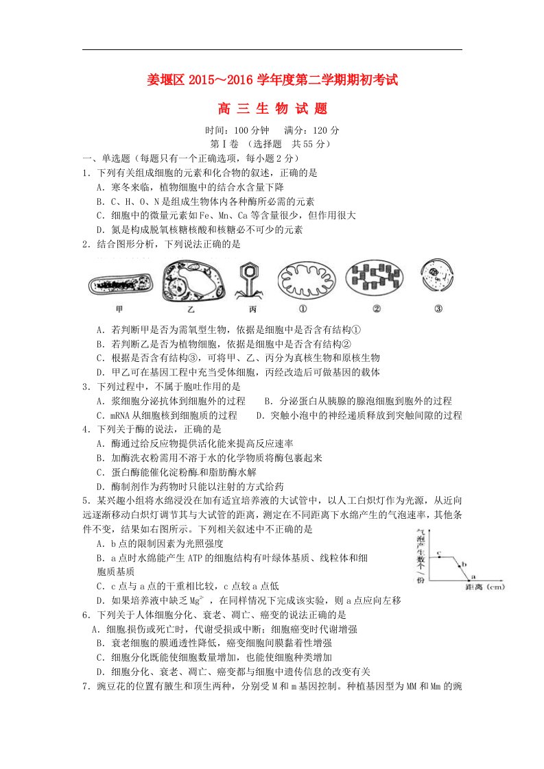 江苏省泰州市姜堰区2016届高三生物下学期期初考试试题