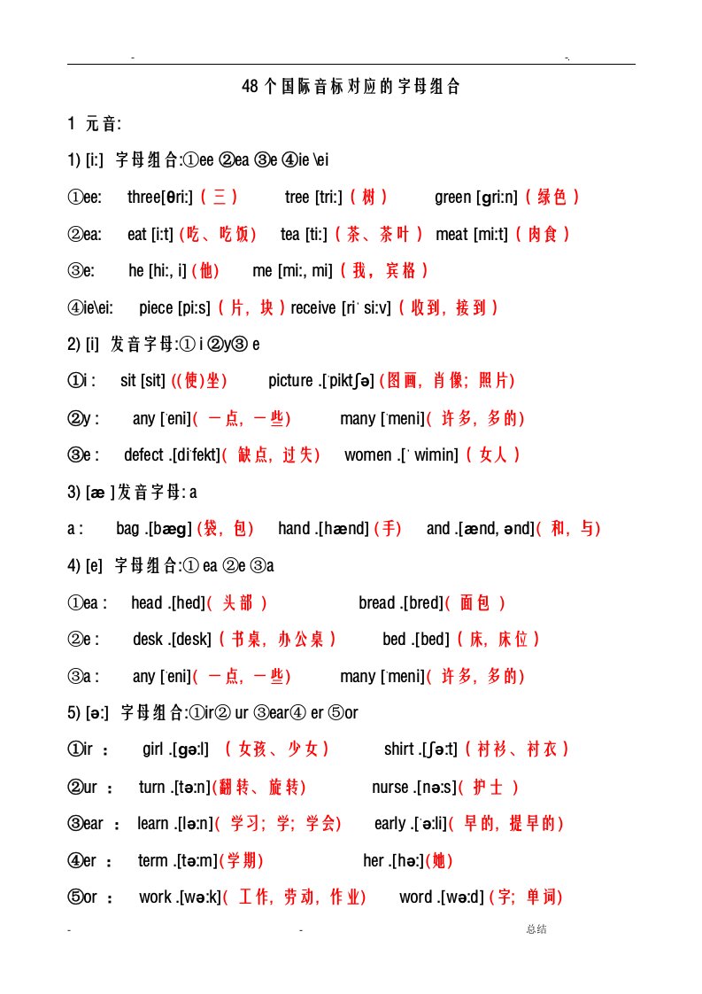 48个国际音标对应的字母组合及例词