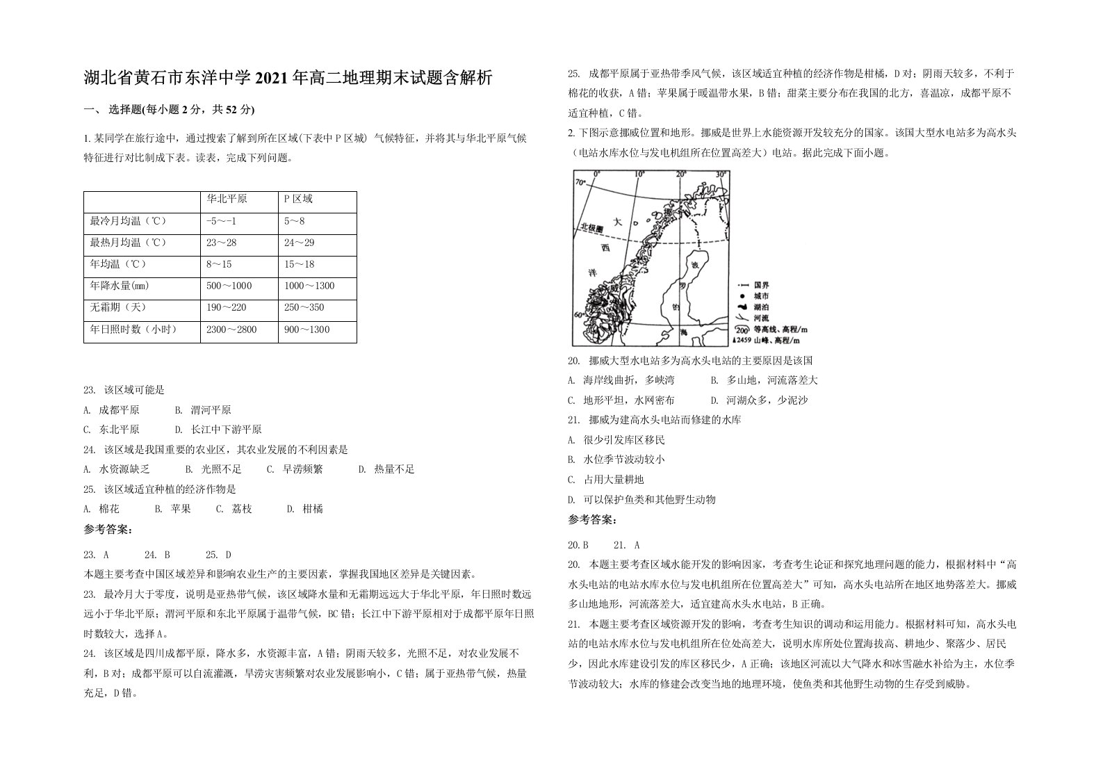 湖北省黄石市东洋中学2021年高二地理期末试题含解析