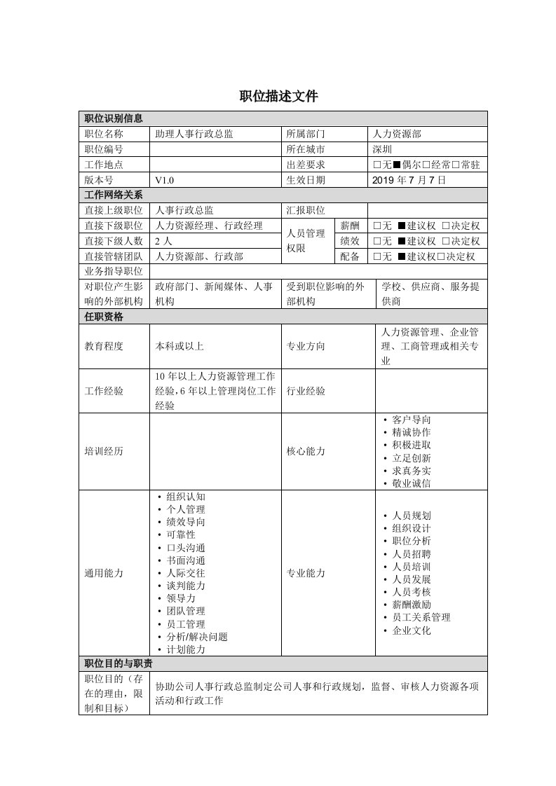 助理人事行政总监岗位说明书